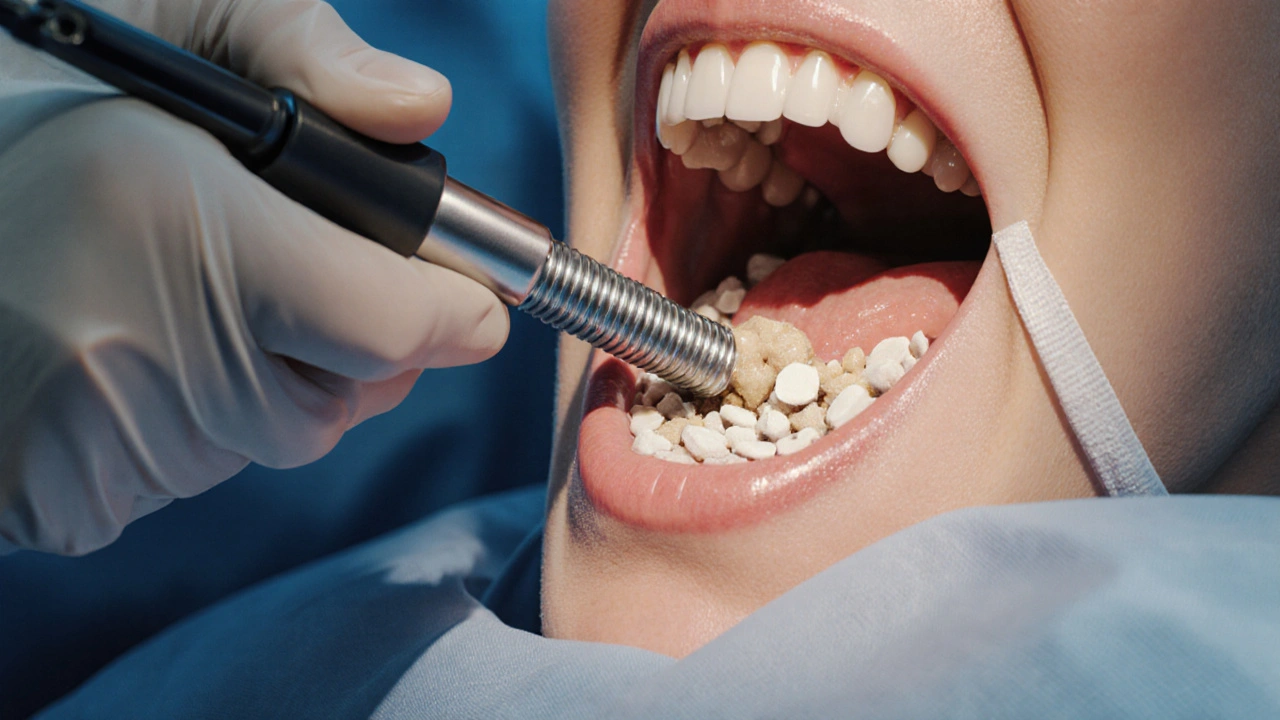 Chirurg v operačním sále umísťuje titanový implantát do augmentované čelistní kosti.