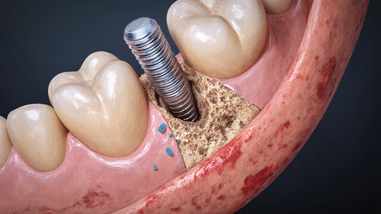 Cross-section of jawbone showing healthy implant integration versus bone loss from infection.