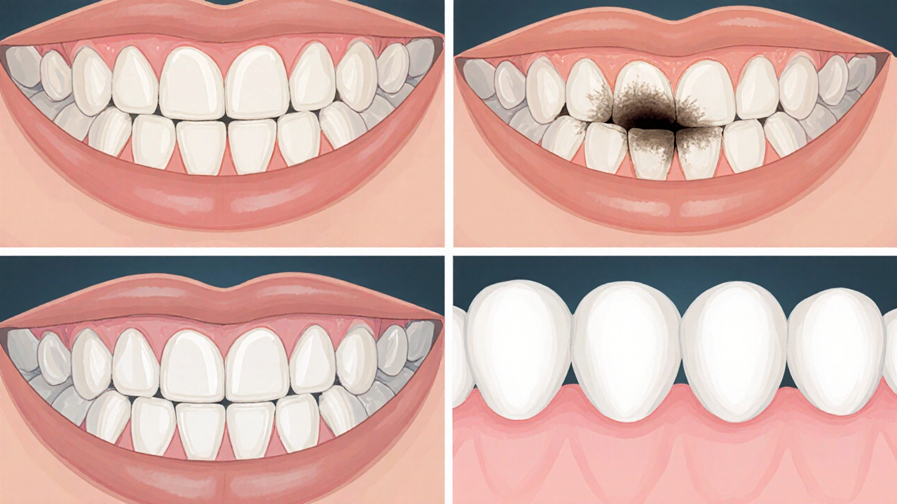 Čtyři segmenty ukazující poškození řezáků, špičáků, premolárů a molárů po kouření.