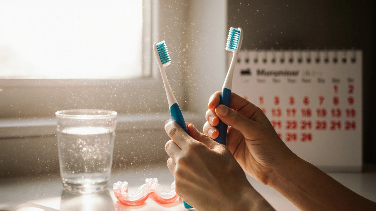 Daily dental care items on a bathroom counter with a calendar marked for checkups.