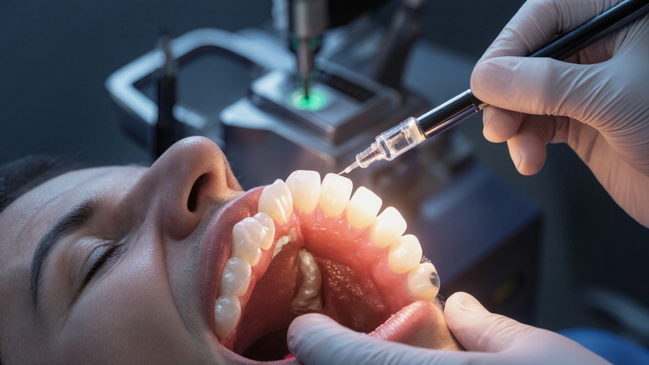 Dentista nanáší cement a nasazuje tenkou fazetu na připravený zub pod lupou.