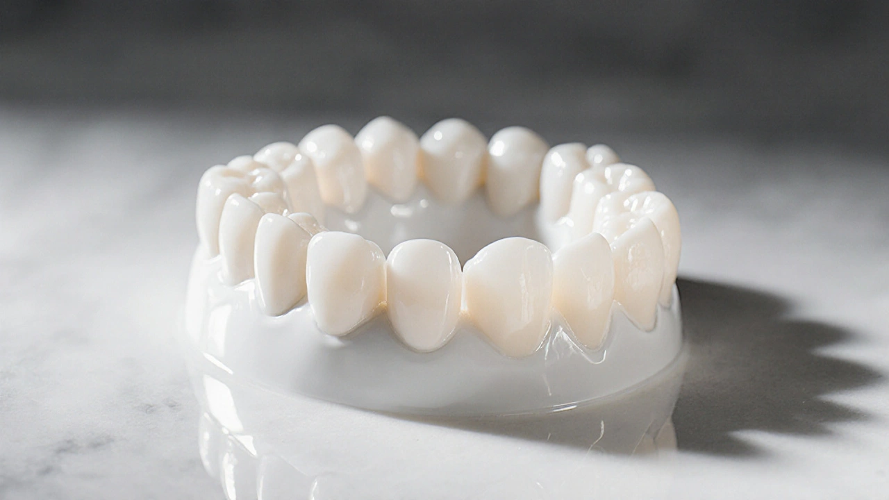Detail keramické zubní korunky na porcelánové ploše, jemné odlesky vnitřních kontur úst.