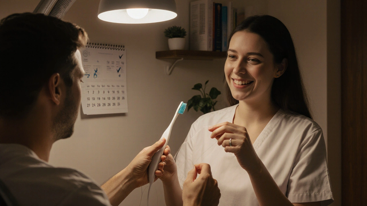 Hygienistka předává pacientovi zubní kartáček a nit s přátelským úsměvem.