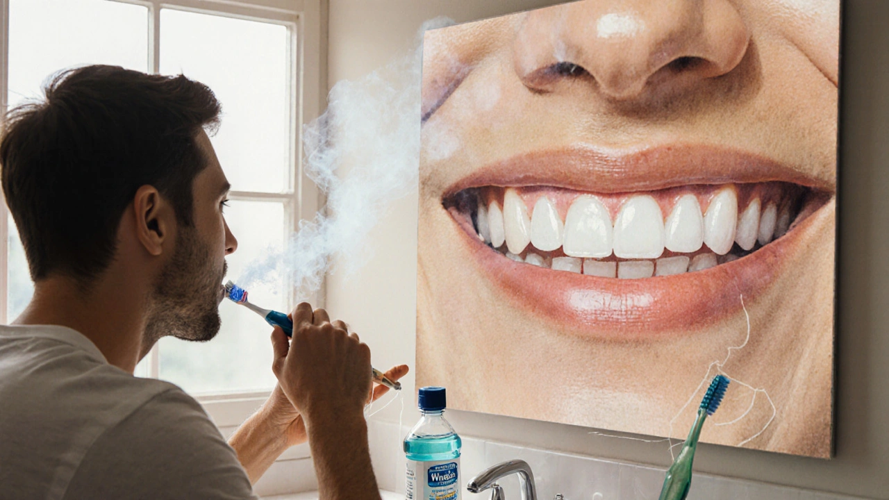 Kuřák si čistí zuby a používá mezizubní kartáček, zatímco dentální péče zlepšuje zdraví úst.