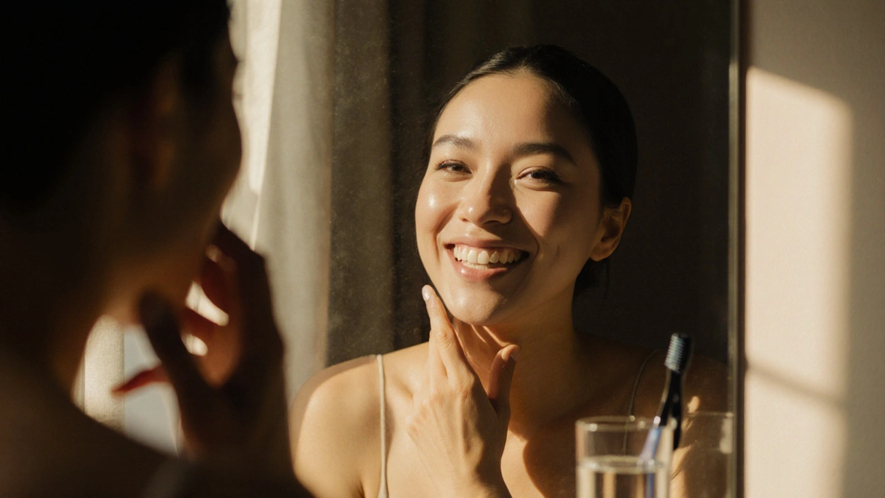 Osoba se usmívá do zrcadla ráno, přirozený výraz, slunce osvětluje obličej a čelist.