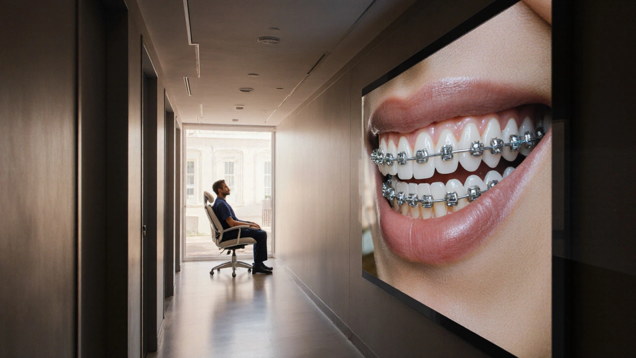 Pacient v futuristické klinice, vlevo s rovnátky, vpravo s dokonalým úsměvem po genové terapii.