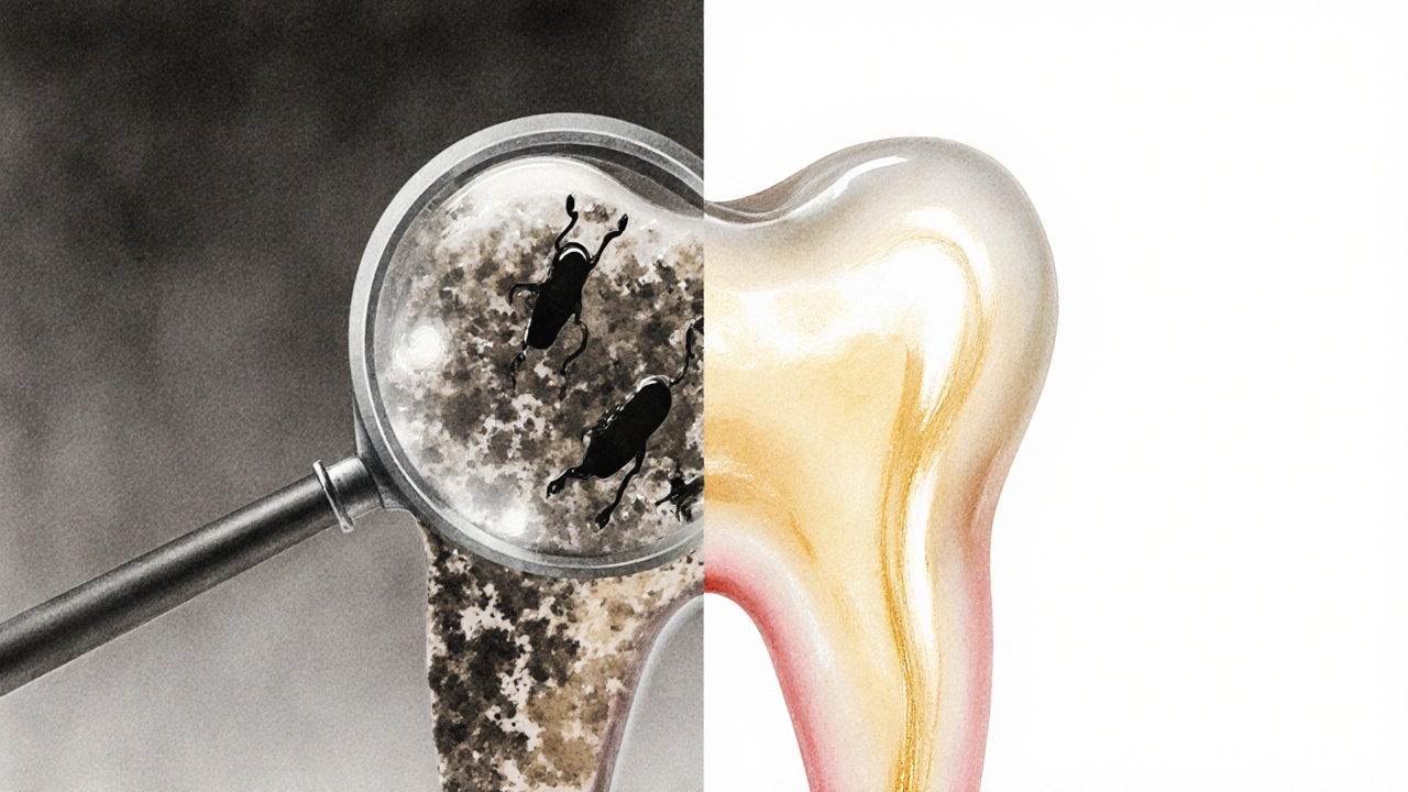 Porovnání zubu s kamenem a po očištění – symbolická ilustrace zdravotní transformace.