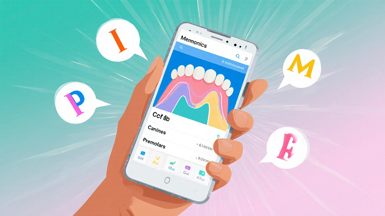 Ruka drží smartphone s 3D modelem chrupu a pastelovými ikonami mnemonik.