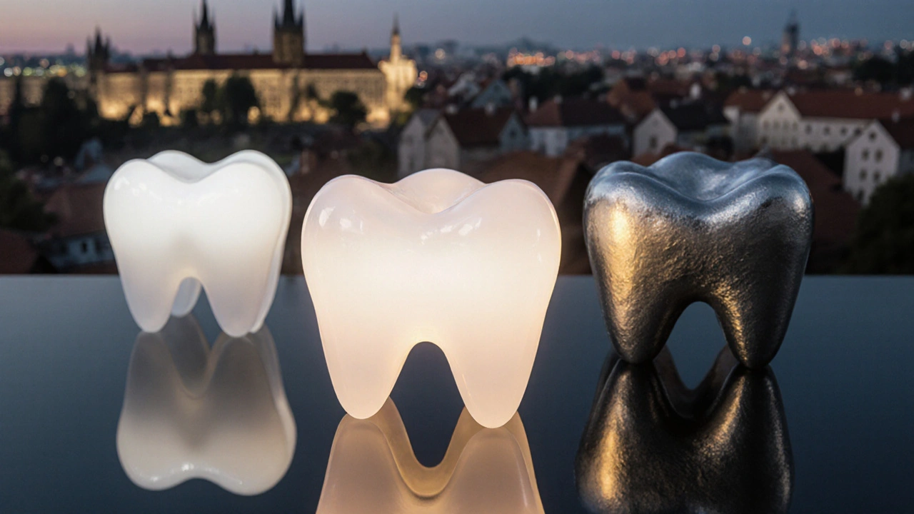 Tři 3D korunky různých materiálů na lesklém povrchu s rozmazaným městským pozadím.