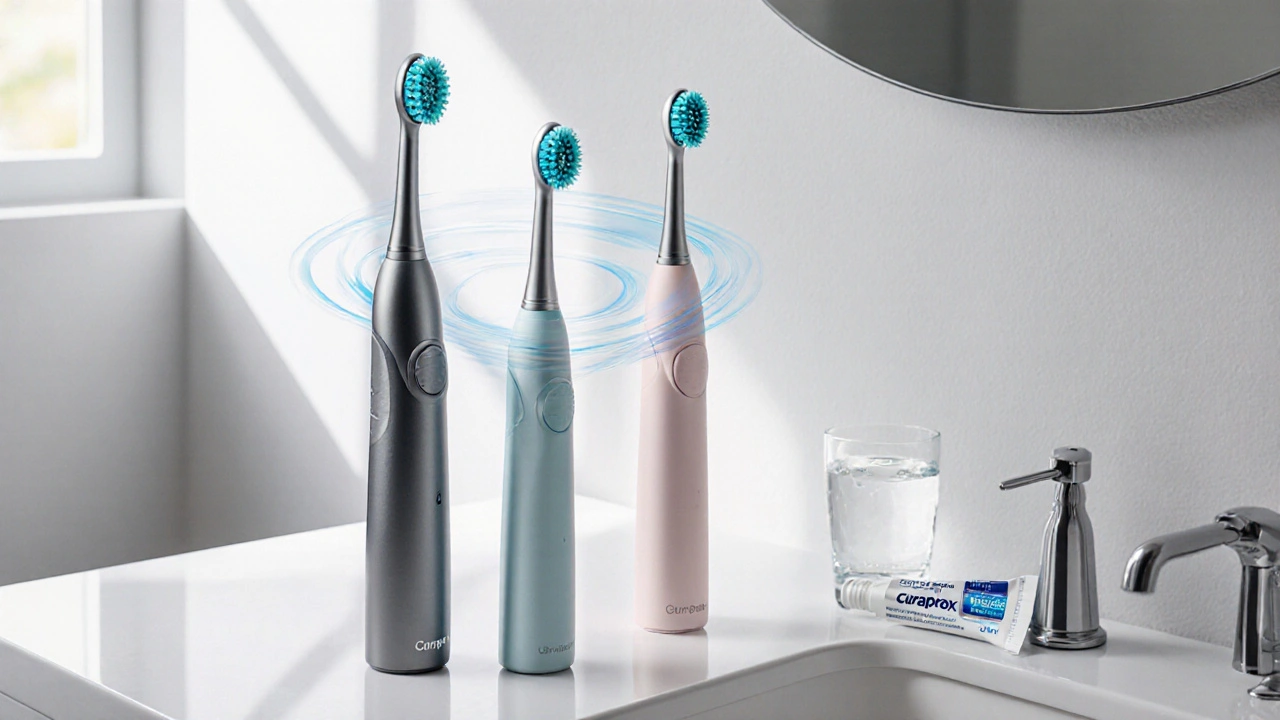 Tři modely Curaprox na bílém dřezovém pultu, Hydrosonic s náznakem vibrací.