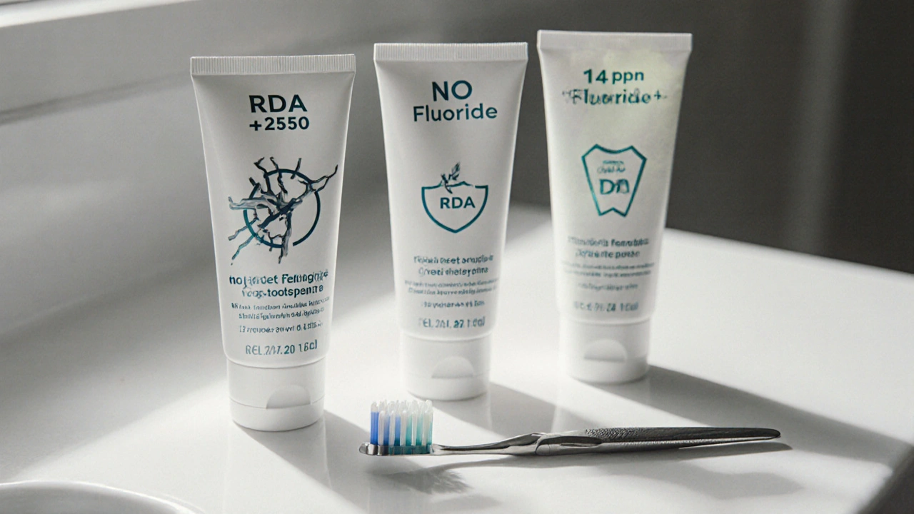 Tři zubní pasty na lavici: jedna škodlivá, jedna bez fluoridu, jedna bezpečná.