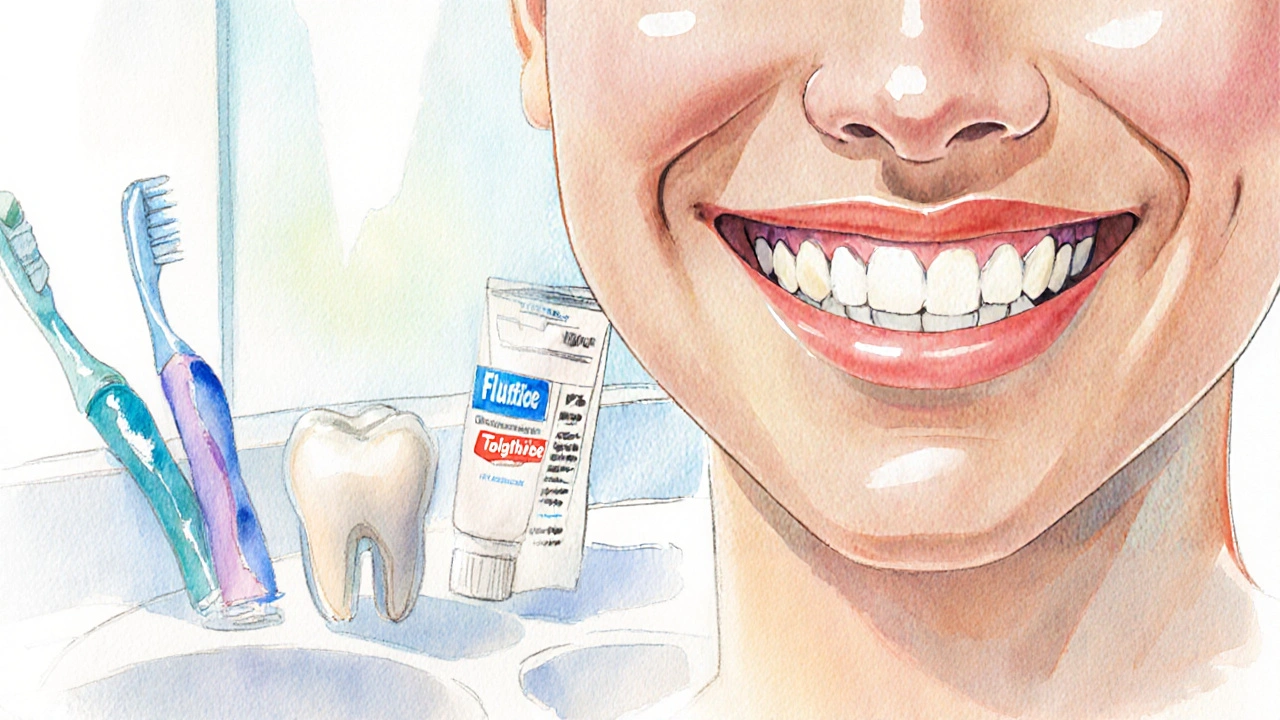 Usmívající se osoba s obnovou zubu, vedle kartáčku a zubní nitě.