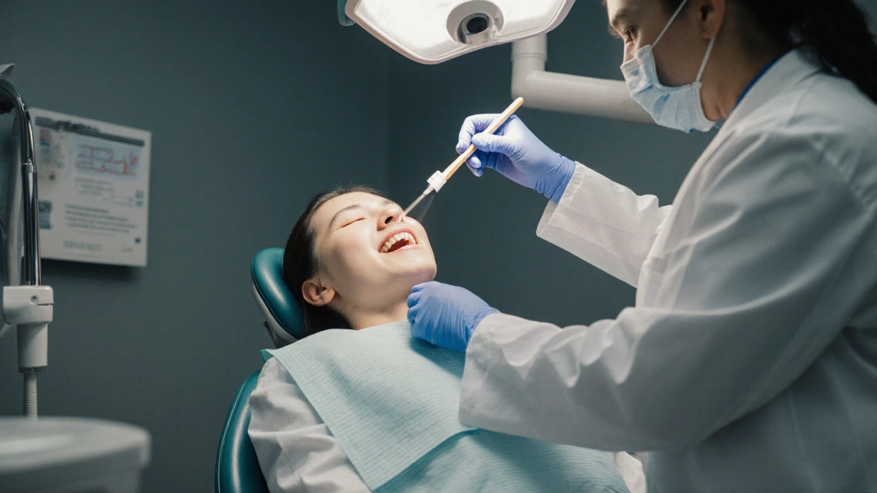 Zubař aplikuje fluoridový gel na zuby pacienta v dentální klinice.