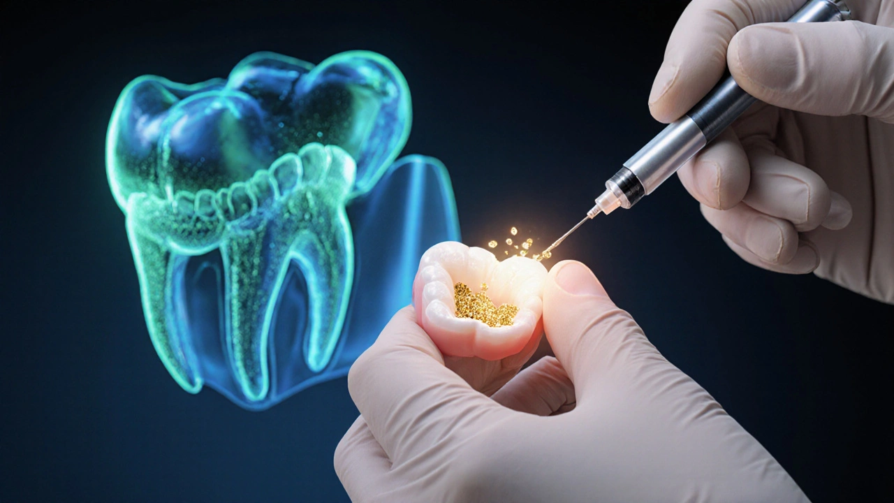 Zubař injektuje zlaté nanočástice do kořene moláru pod holografickým 3D skenem.