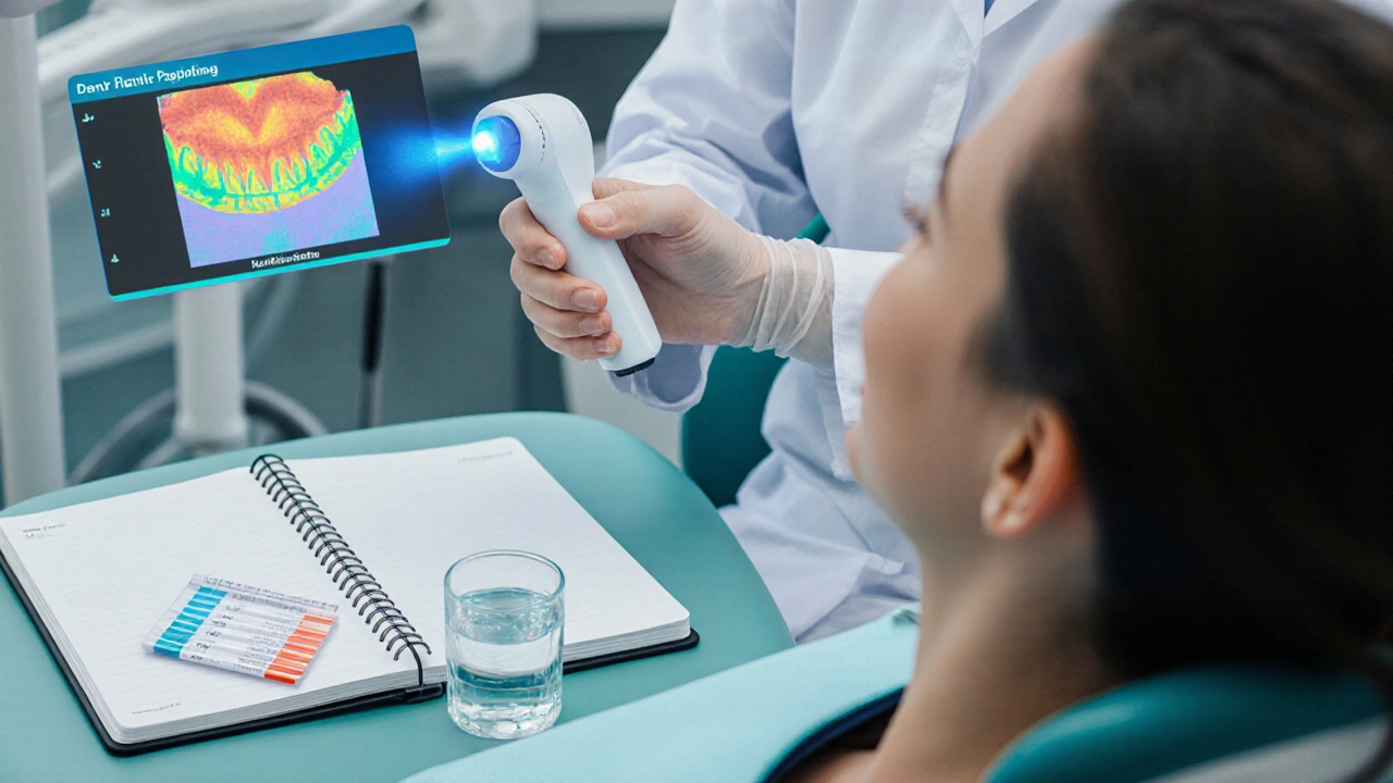 Zubař používá laserový skener k měření remineralizace, vedle leží deník s pH proužky.