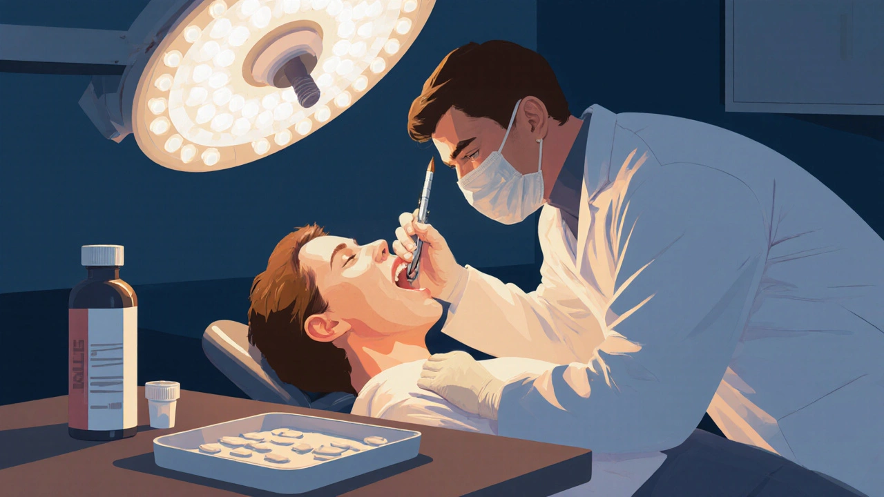 Zubař provádí kořenovou léčbu, vedle antibiotik a kompozitu.