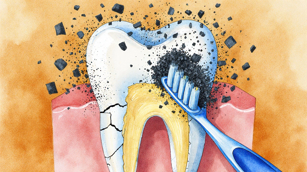 Zubní kartáček čistí zub s abrazivními částicemi, které poškozují email.