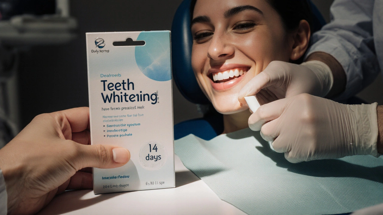 Bělicí pásky vedle zubního křesla s lékařem a pacientem.