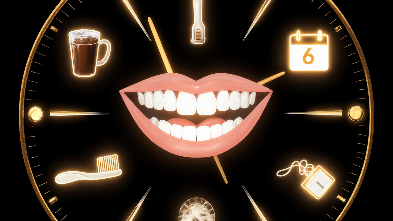 Clock with tooth-shaped hands representing risks to dental veneers.