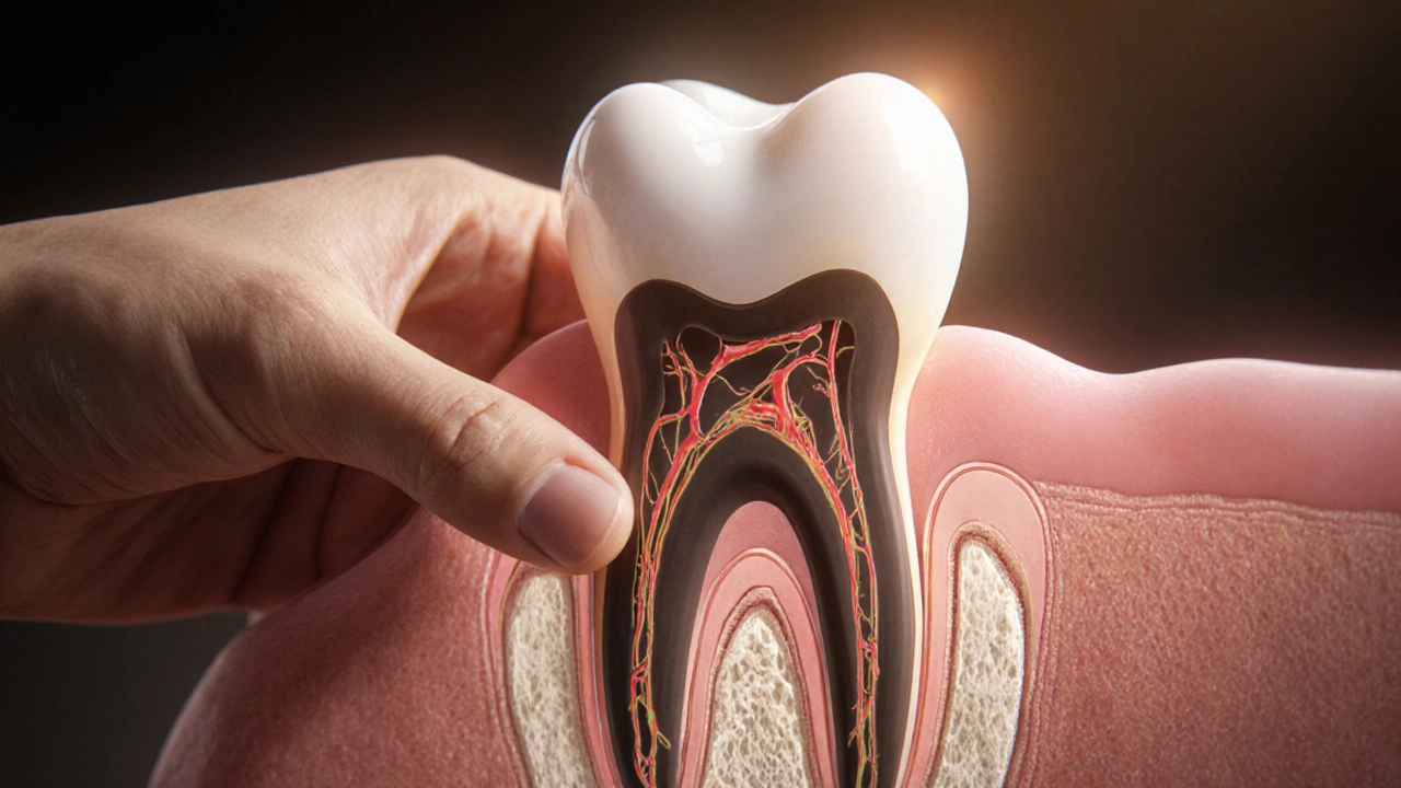 Cross-section of a tooth root being removed from jawbone with visible tissues.