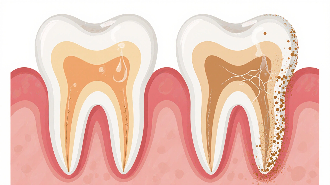 Cross-section of a tooth showing healthy enamel versus a damaged veneer with plaque.