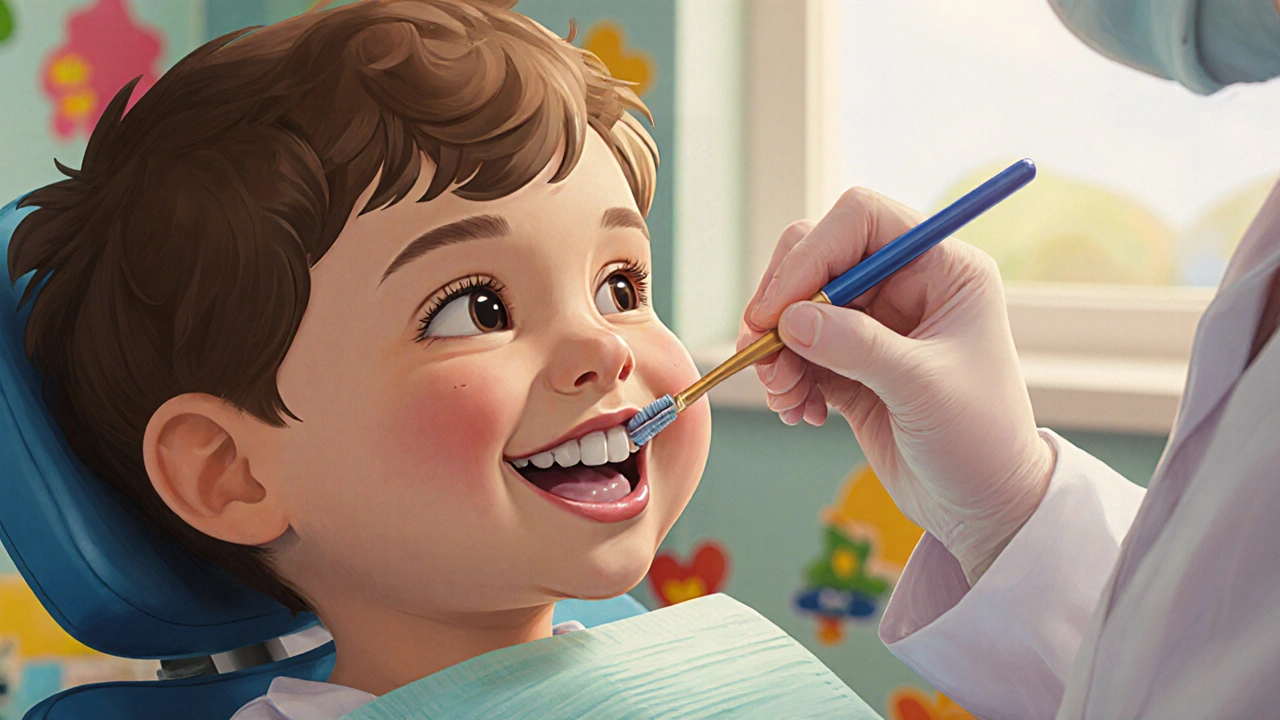 Dentist aplikuje fluoridový lak na dětské zuby v klinice