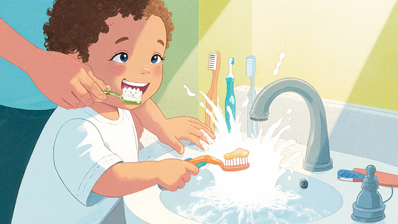 Dítě čistí zuby u umyvadla, rodič ho pomáhá.