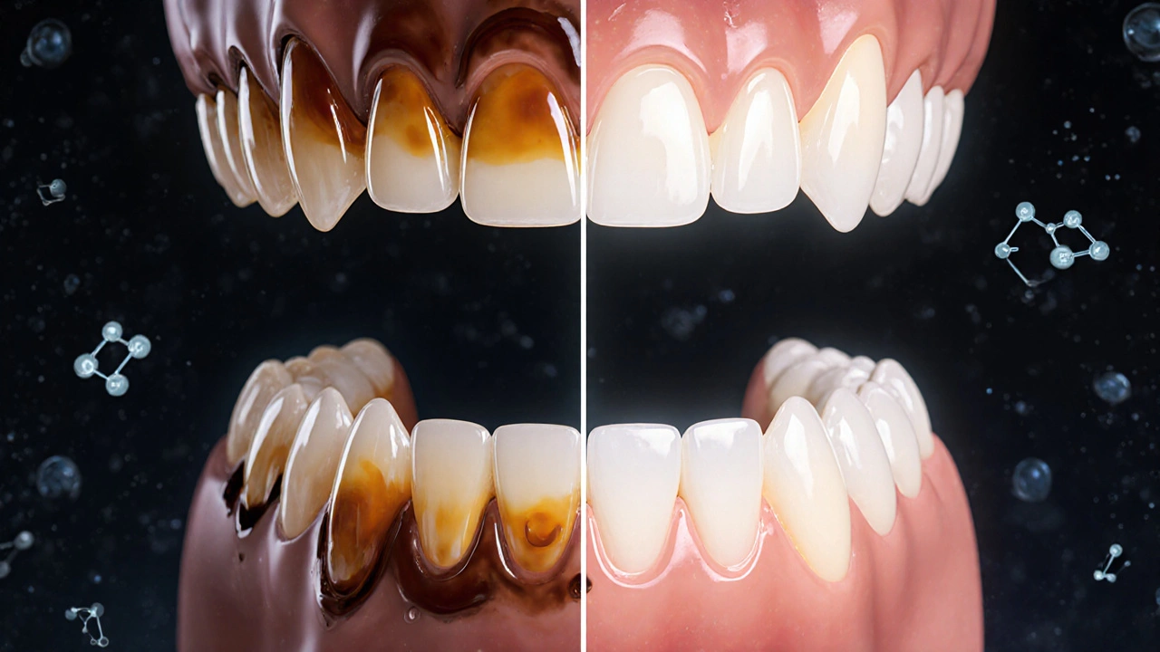 Dvě srovnávací sady zubů: tmavé vs. bělící se po použití pásky.