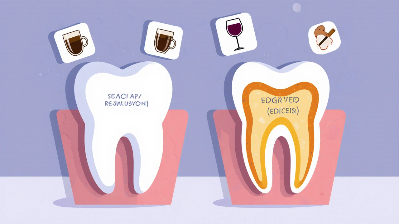 Dvě zubní modely ukazující vrstvy skloviny a dentinu s příčinami zbarvení.