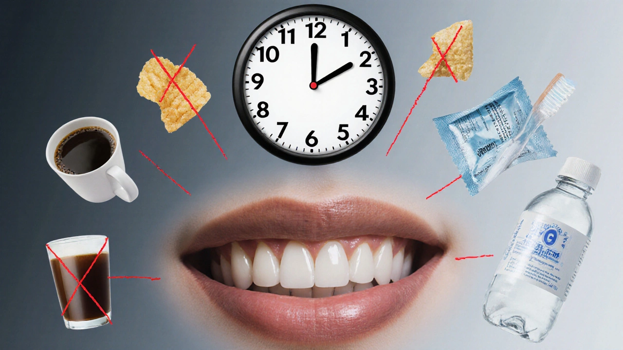 Hodiny ukazují klíčové časy hojení nad ústní dutinou, s zakázanými předměty a doporučenými prostředky.