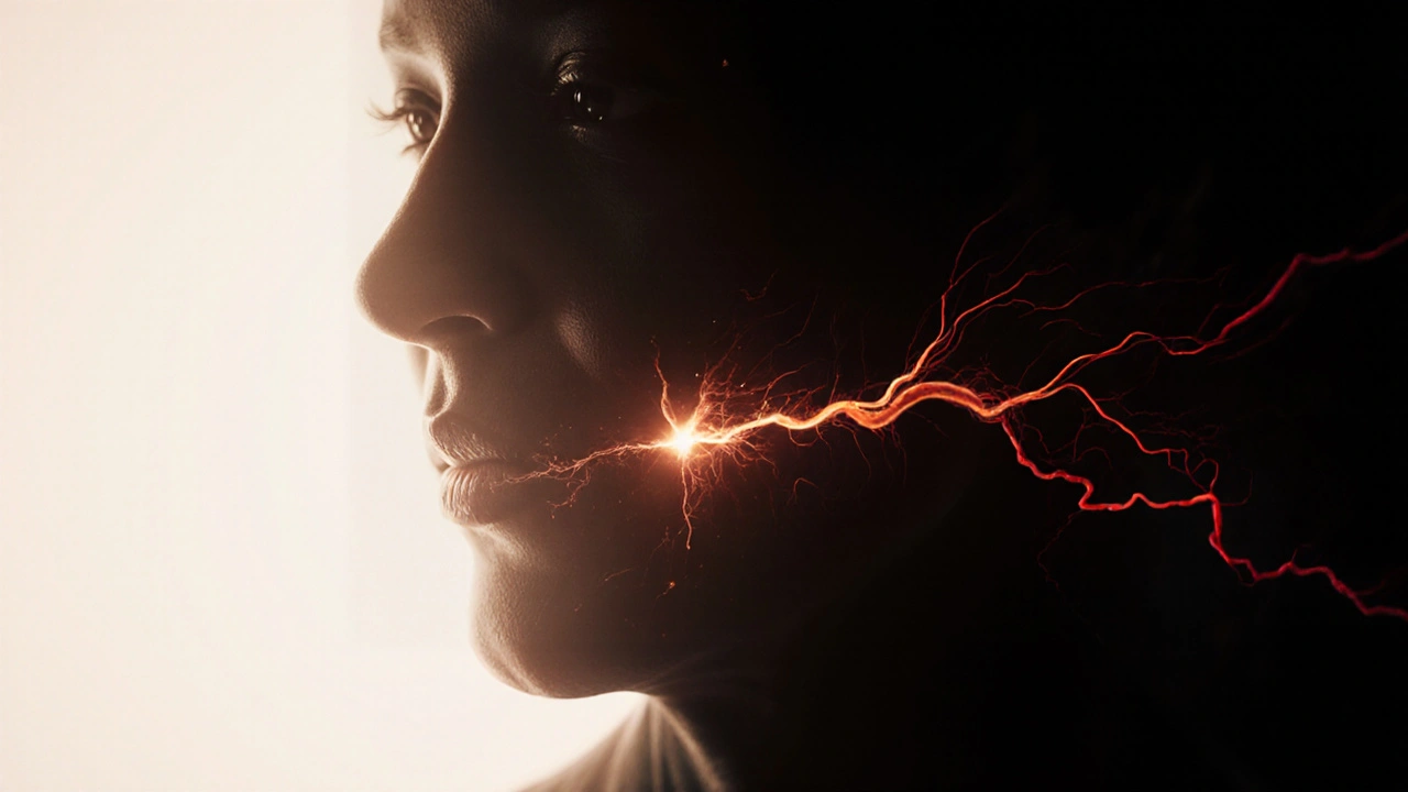 Human face with glowing infection spreading from jawbone into bloodstream.