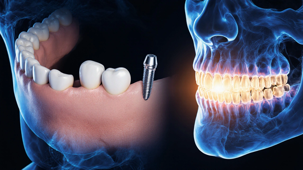 Jawbone deterioration from missing tooth contrasted with bone regeneration supported by an implant.