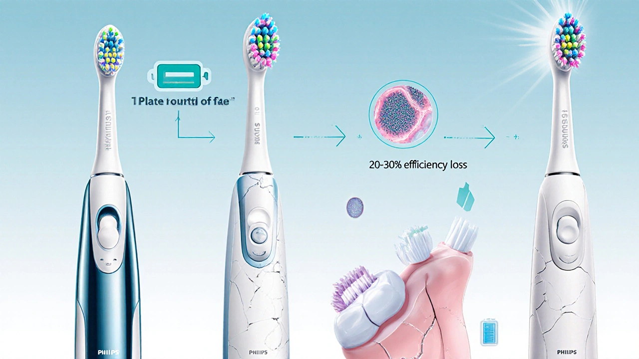 Koncepční obrázek ukazující pokles účinnosti elektrokartáčku během pěti let používání.