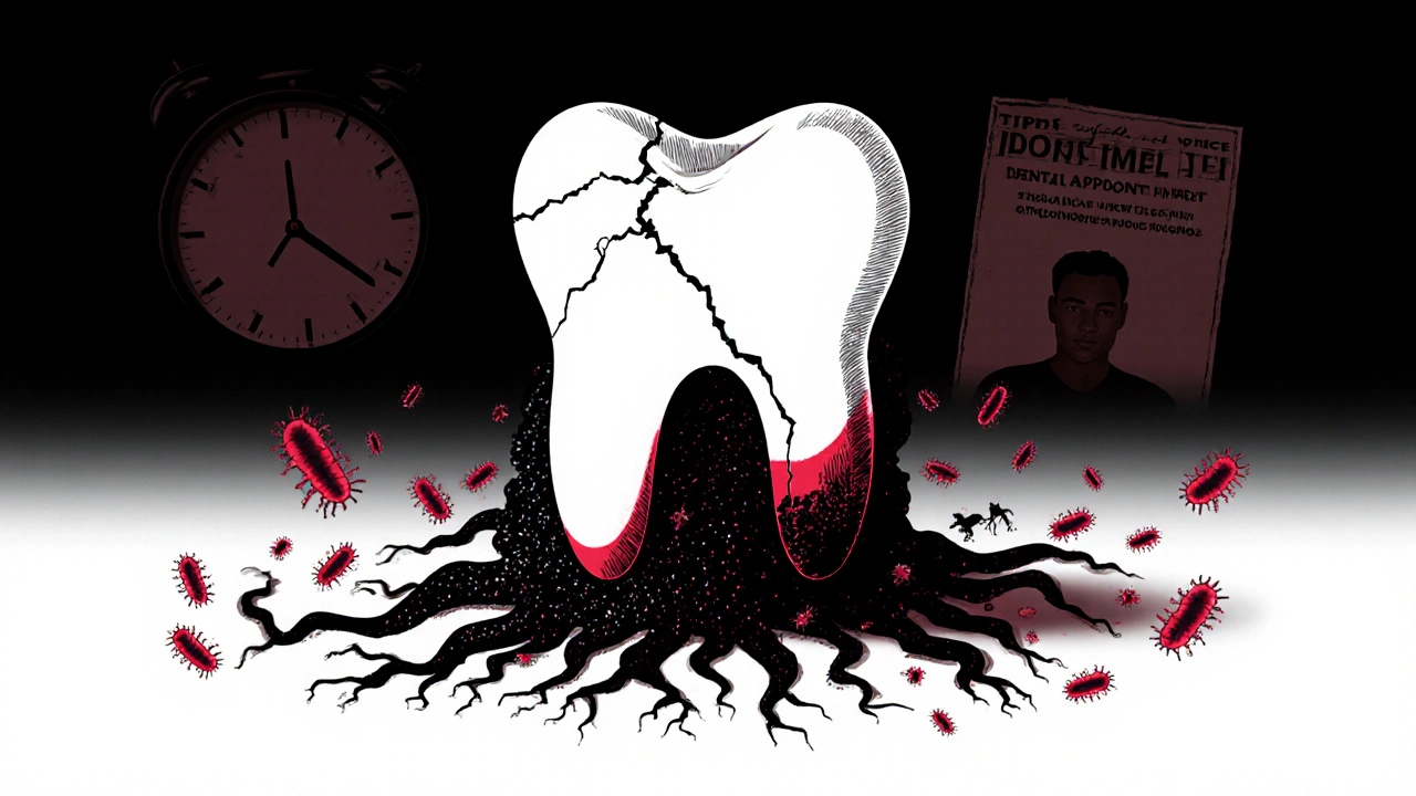 Koncepční obrázek zubu s černým kamenem šířícím se pod dásněmi
