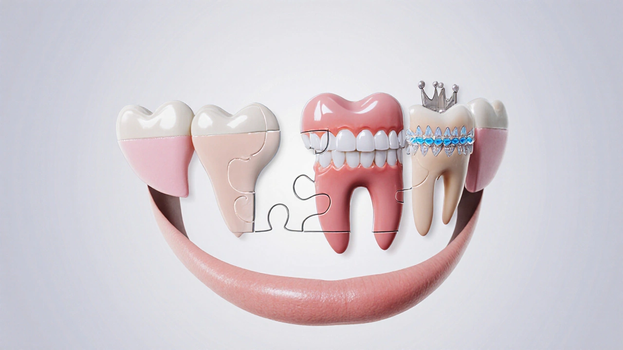 Konceptuální obrázek úsměvu jako skládačky s různými zubními řešeními, každé jako jedinečný kousek.