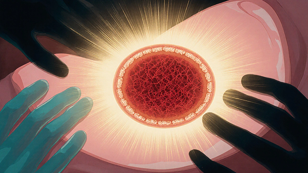 Krevní sraženina v důlku po vytaženém zubu, obklopená světlem a tkáními, symbolizujícími hojení.