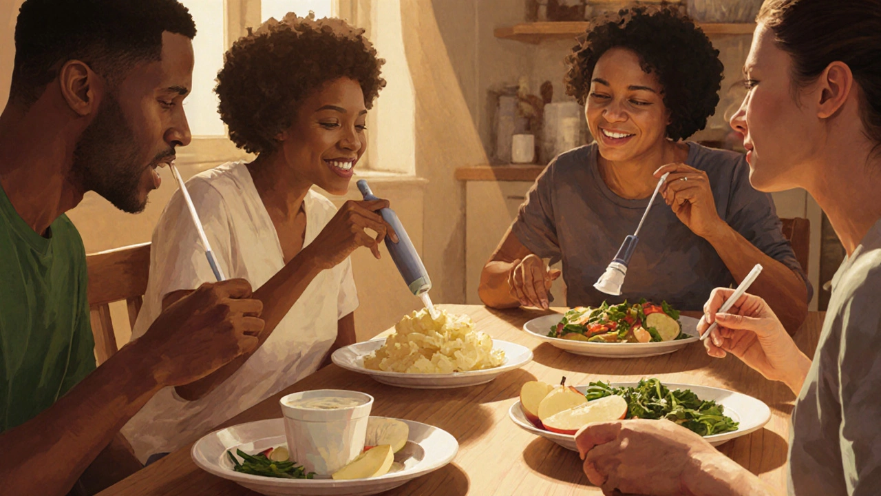 Lidé jedí měkké potraviny v kuchyni s vodní čističkou na stole.