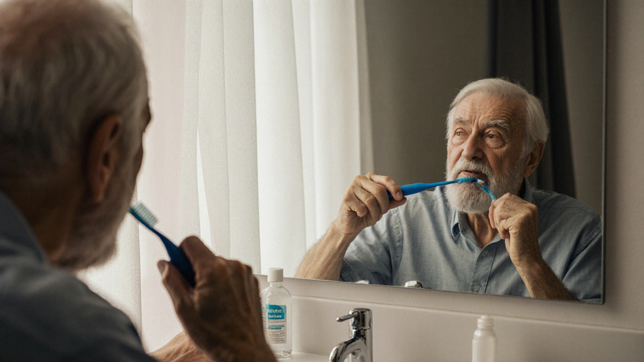 Muž čistí mezizubní prostory ve sprše ráno.