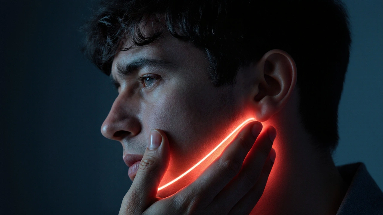 Muž drží tvář v bolesti, s viditelným zářivým průběhem bolesti do ucha.