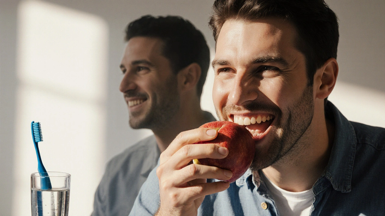 Muž kousne do jablka s přirozenou úsměvem, hybridní protéza je neviditelná.