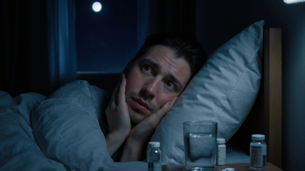 Muž se probouzí v noci s bolestí v tváři, ruka drží čelist, měsíční světlo osvětluje otok.