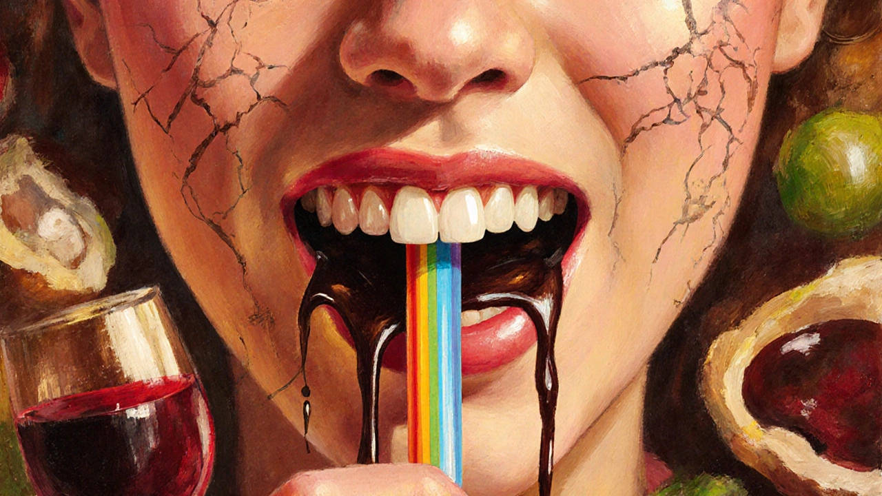 Osoba pije kávu přes slámku, barviva se vyhýbají zubům.