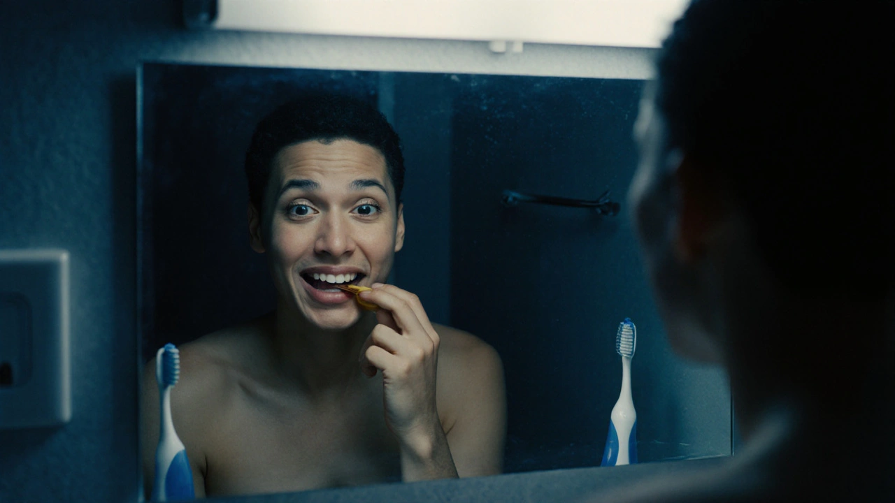 Osoba se dívá do zrcadla a pozoruje tmavou skvrnu na zubech