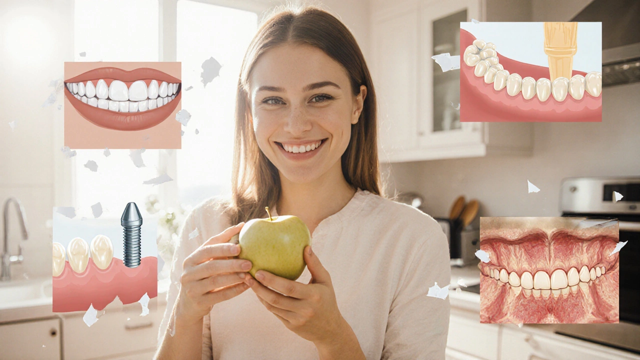 Osoba se směje, drží jablko, zubní implantát nahrazuje chybějící zub