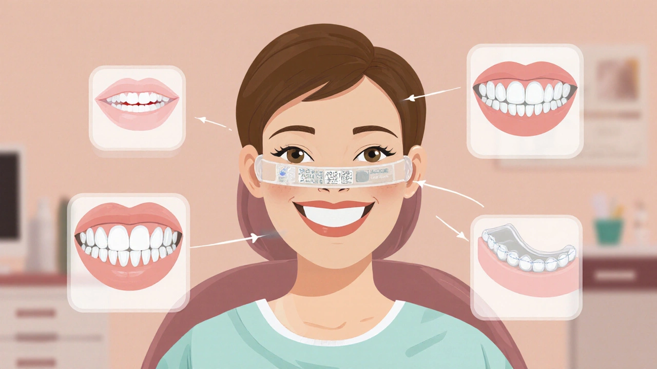 Pacient s průhlednými ortodontickými šablonami při úsměvu, s náznaky alternativních řešení v pozadí.