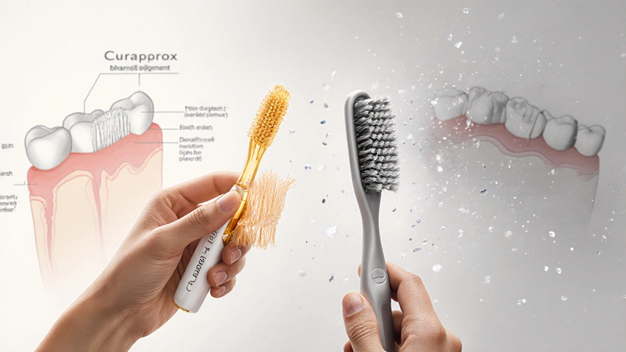 Porovnání Curaprox kartáčku s běžným kartáčkem – jedna štětinka je čistá, druhá poškozená.