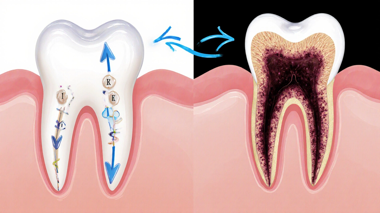 Porovnání zdravého a poškozeného zubu s rozšířením infekce do čelisti