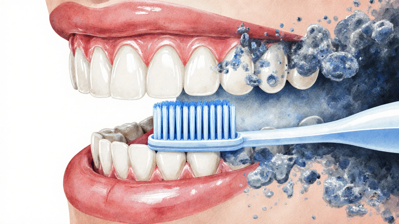 Přehled mezi zuby s odstraněným plakem pomocí mezizubního kartáčku.