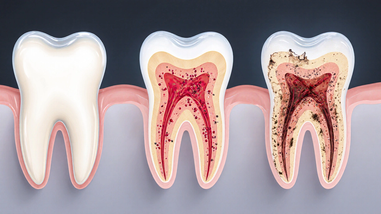 Přehled tří fází zánětu nervu v zubu: zdravý, infikovaný a s hnisem v kosti.