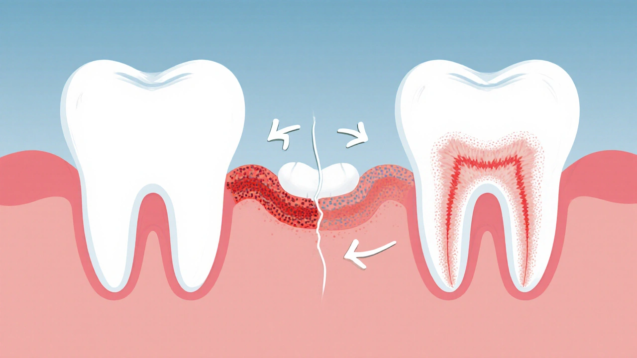 Průřez dvou zubů s plakem mezi nimi a čistým prostorem po použití niti, s výrazem zánětu a zdraví.